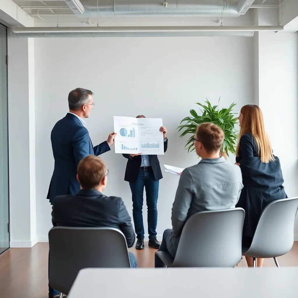 Professionele consultant die een strategisch plan presenteert aan een team